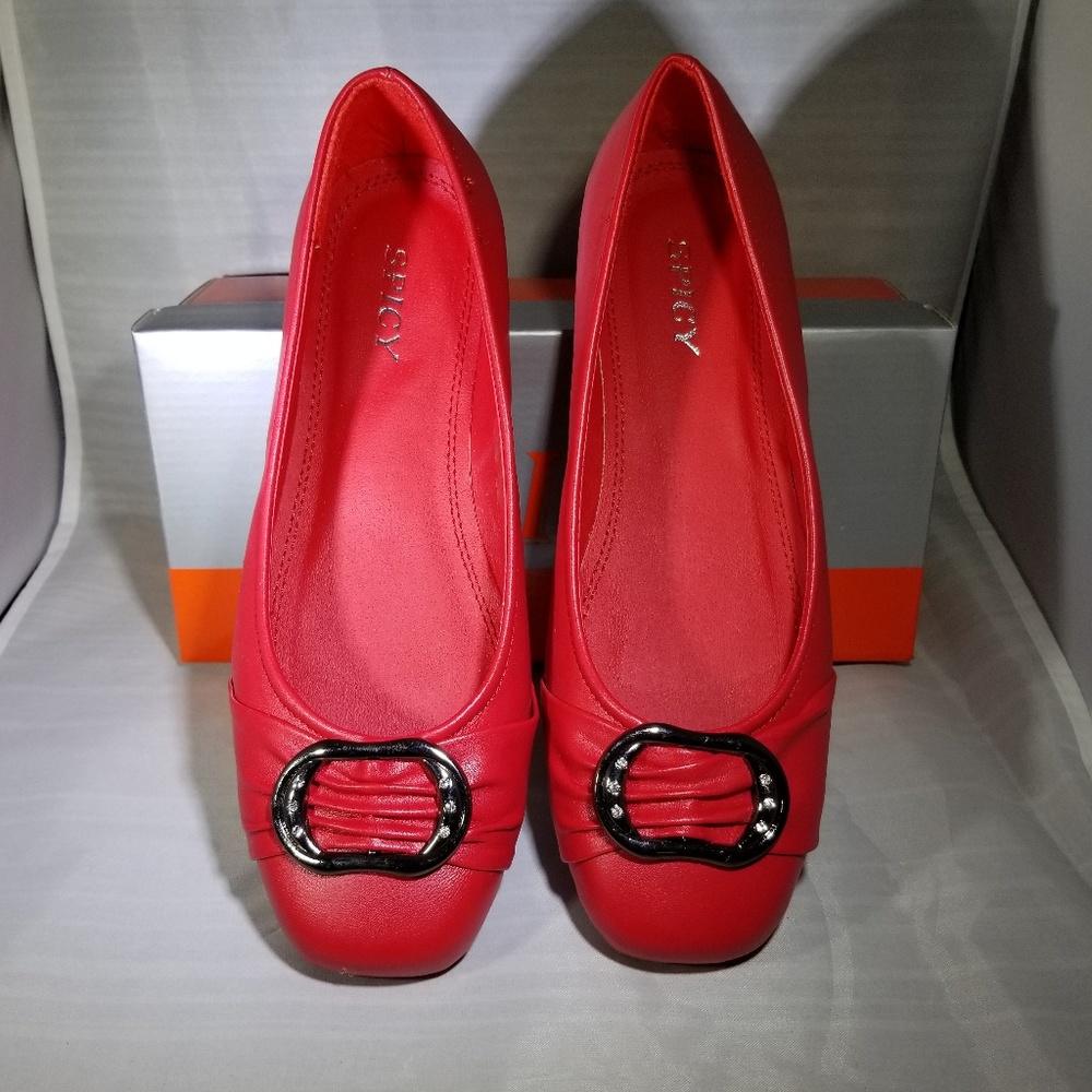 Spicy Womens Red Flats with Buckle Shoes